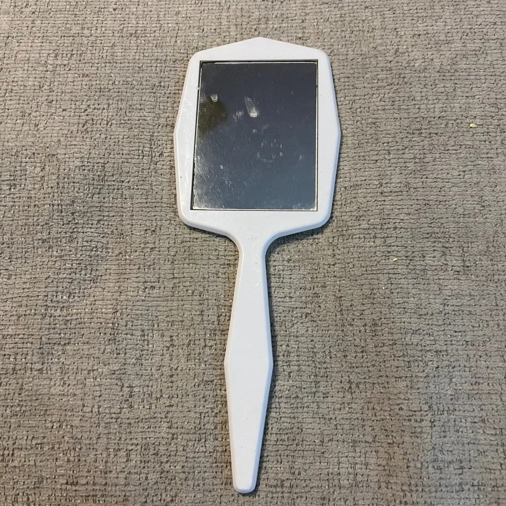 Vintage White Plastic Hand Mirror Girl Face Butterflies Retro Vanity Accessory‎